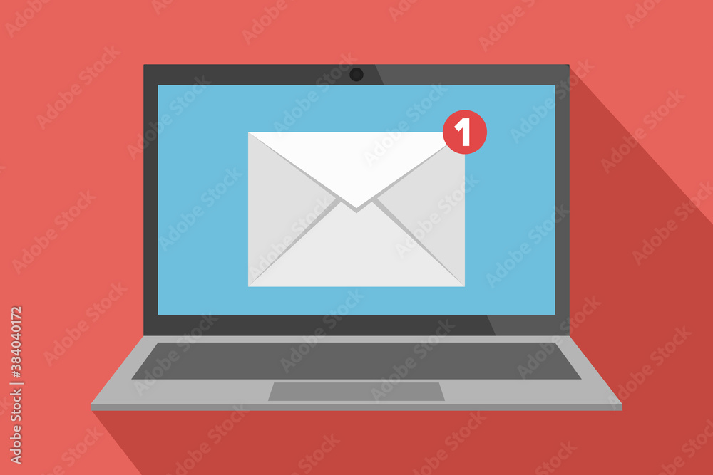 Email notification icon on laptop screen. Vector illustration