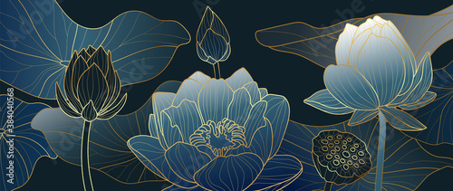 Luxurious blue background design with golden lotus. Lotus flowers line arts design for wallpaper, natural wall arts, banner, prints, invitation and packaging design. vector illustration.