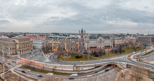 Aerial drone pano shot of Art Nouveau Palace by Danube in Budapest winter morning
