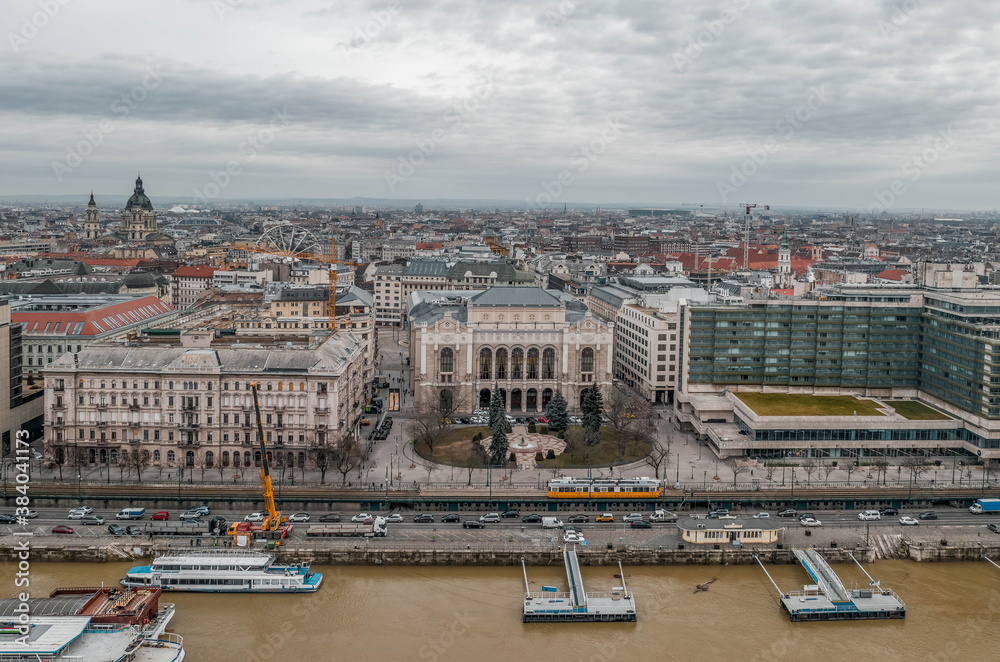 Aerial drone shot of Vigado ter Square in Budapest cloudy winter morning