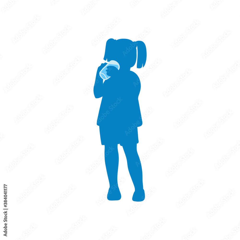 Cartoon child drinking glass of water - blue silhouette of little girl Cartoon child drinking glass of water - blue silhouette of little girl
