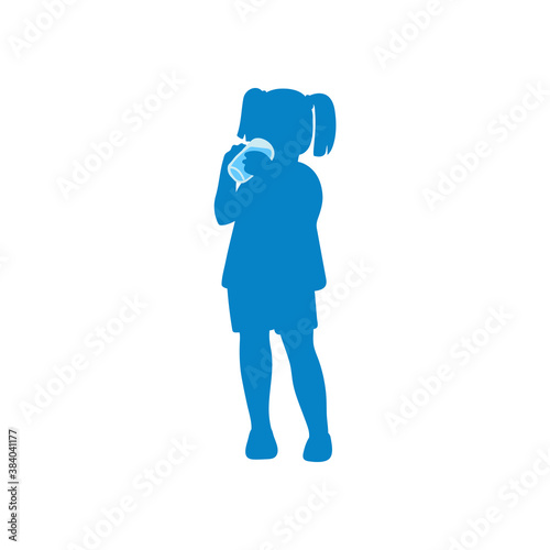Cartoon child drinking glass of water - blue silhouette of little girl