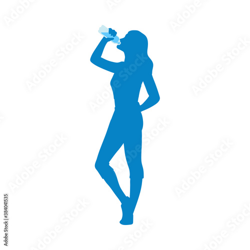 Flat isolated vector illustration of a young woman drinking water from a bottle