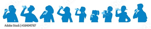 People drinking water - cartoon silhouette set of men and women in profile