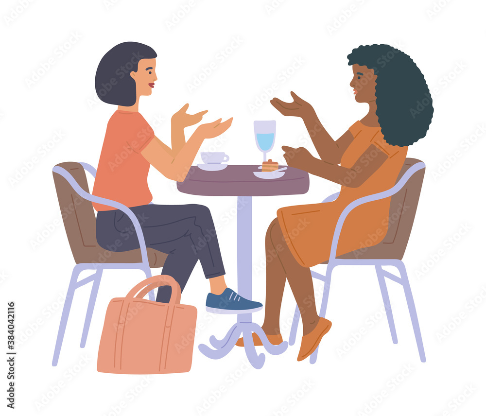 Two friends women at a table in street cafe flat vector illustration isolated. Two friends women at a table in street cafe flat vector illustration isolated.