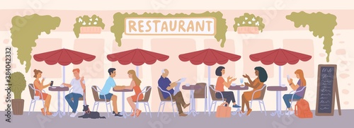 People sitting in street cafe terrace and talking. Cartoon banner