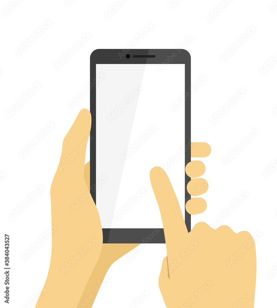 Hand holding smartphone and finger touch with blank white screen Hand holding smartphone and finger touch with blank white screen