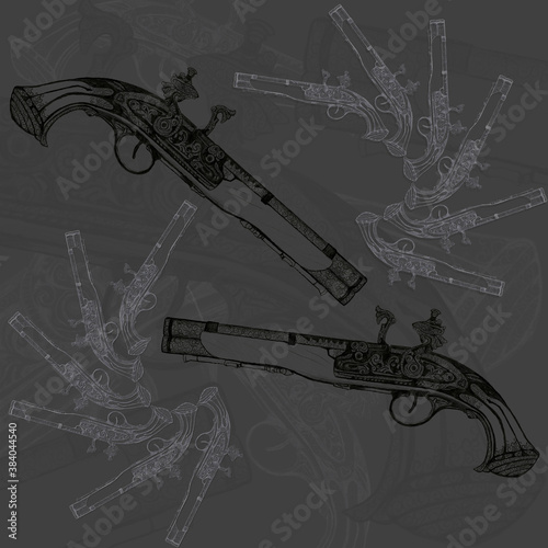 Photography Drawing of ornate, old-fashioned, hand carved flintlock pistols as a retro backg