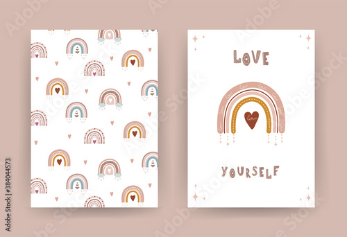 Trendy rainbow in boho style in different color. Love yourself. Children illustrations for poster or post card. Doodle art element. Modern vector illustration.