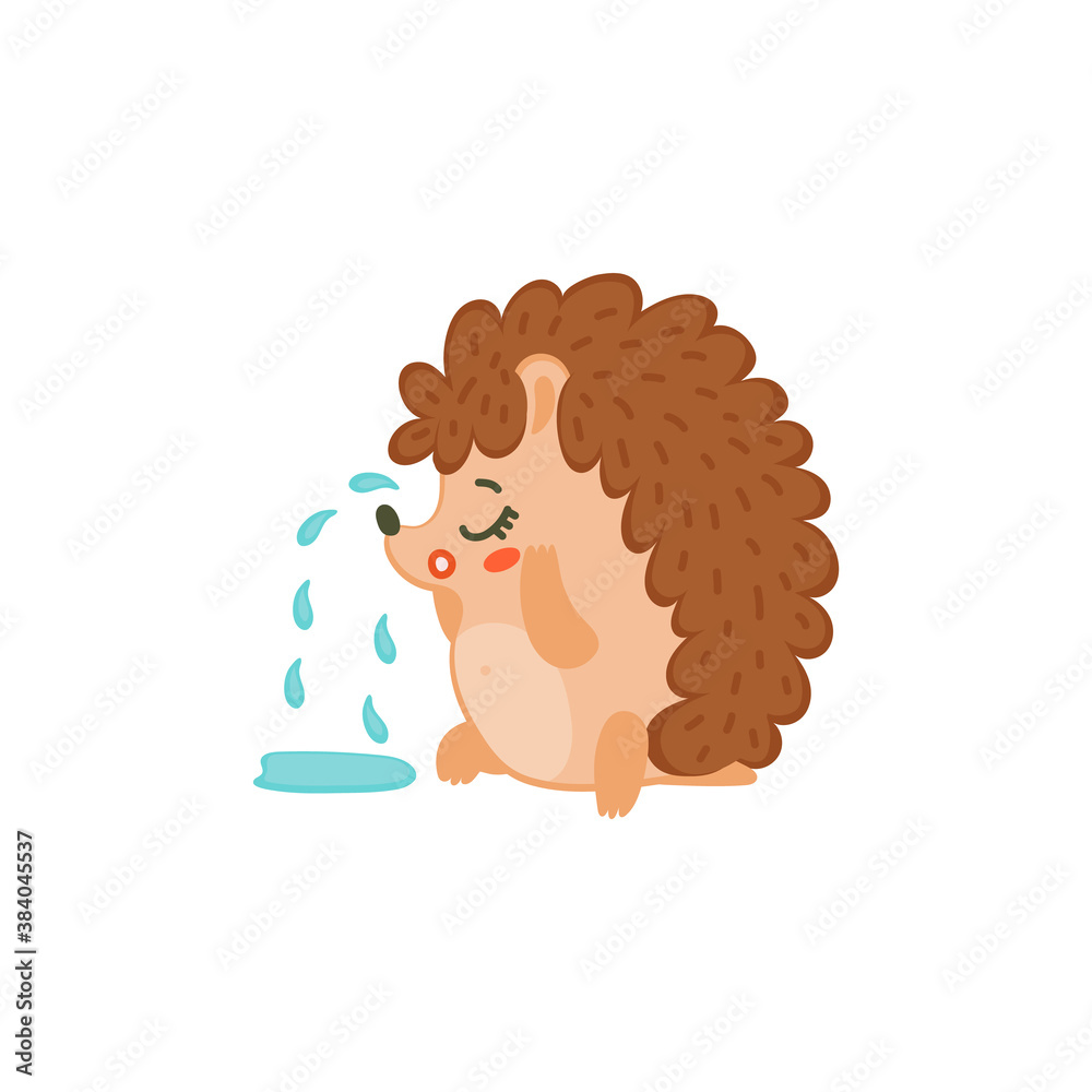 Funny sad little hedgehog crying with tears, flat vector illustration isolated. Funny sad little hedgehog crying with tears, flat vector illustration isolated.