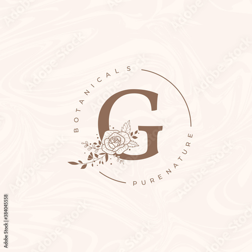Letter G Botanical Flowers . Initial Wedding Monogram Font Logo. Circle Floral Rose Logo