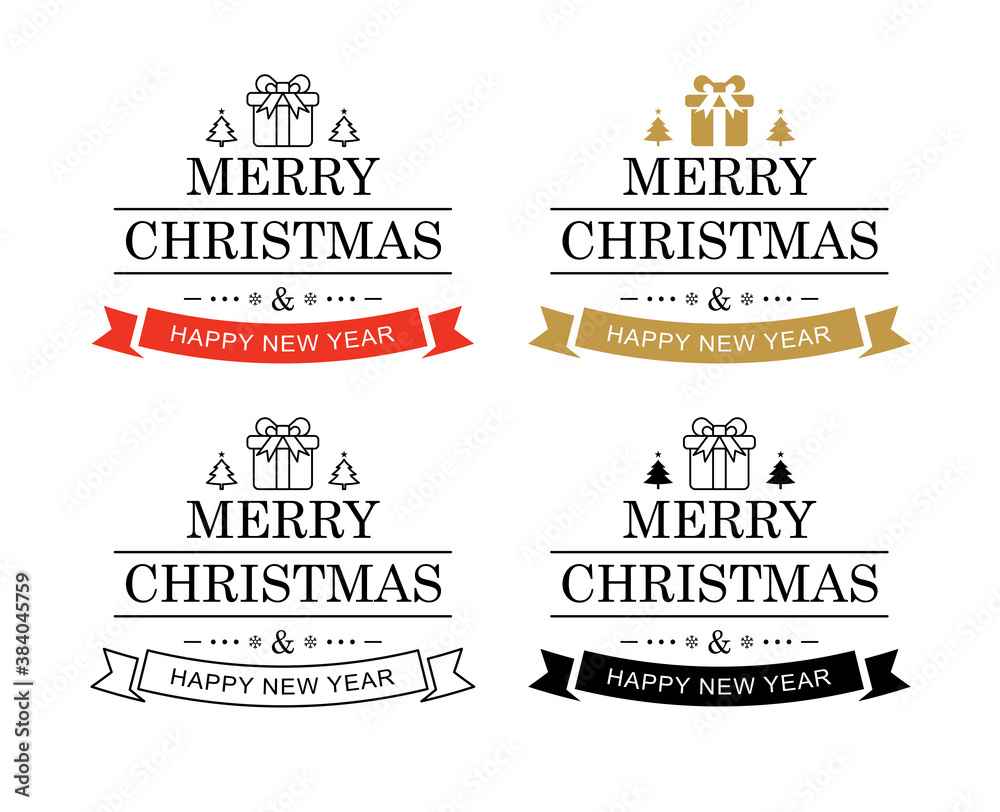 Merry christmas and happy new year typography label with symbols design set. Use for invitation, postcard, poster, greeting card.