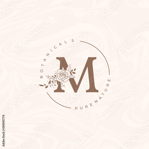Letter M Botanical Flowers . Initial Wedding Monogram Font Logo. Circle Floral Rose Logo