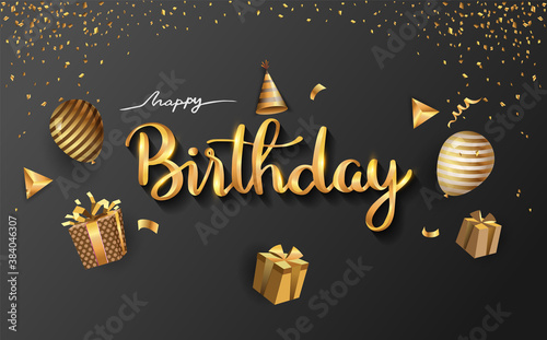 Happy Birthday typography vector design for greeting cards and poster with balloon, confetti and gift box, elegant design with gold and black color, design template for birthday celebration.