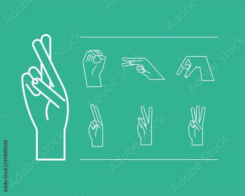 hand sign language alphabet line style set of icons vector design