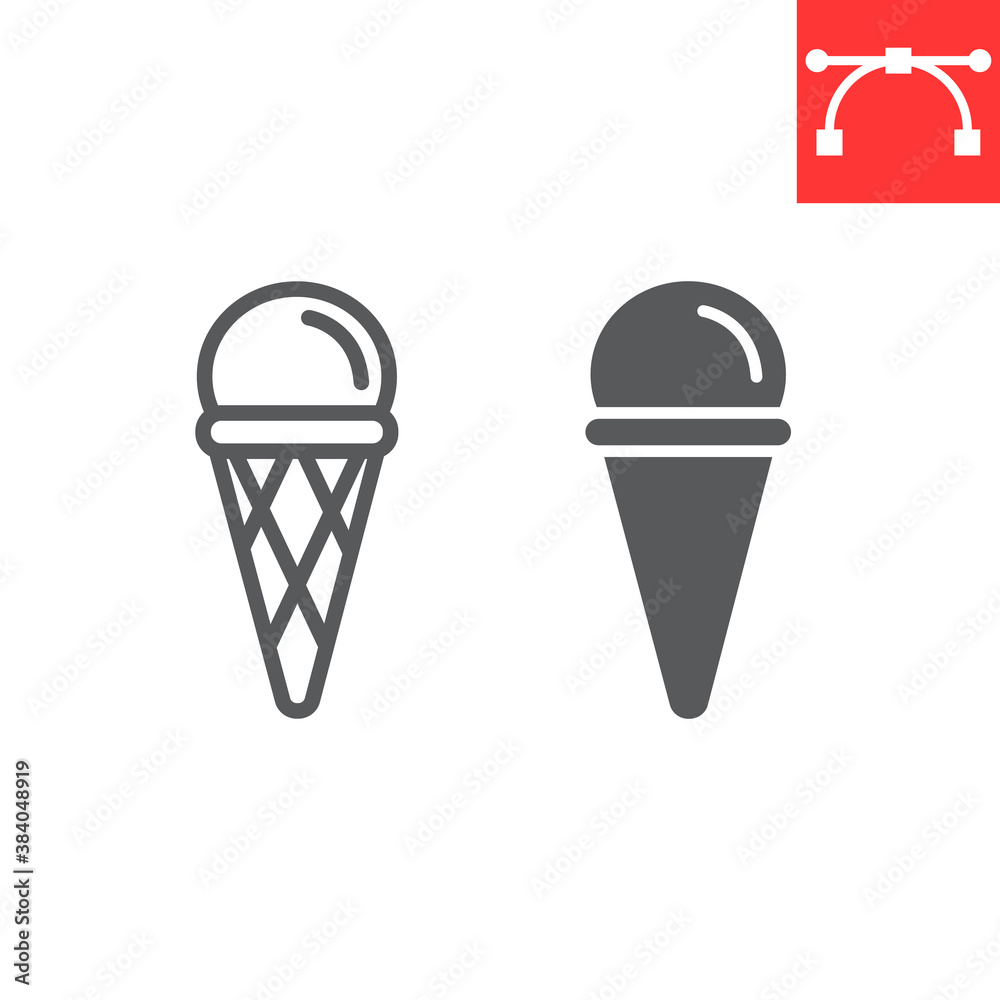 Ice cream cone line and glyph icon, dessert and delicious, ice cream in waffle cone sign vector graphics, editable stroke linear icon, eps 10. Ice cream cone line and glyph icon, dessert and delicious, ice cream in waffle cone sign vector graphics, editable stroke linear icon, eps 10.