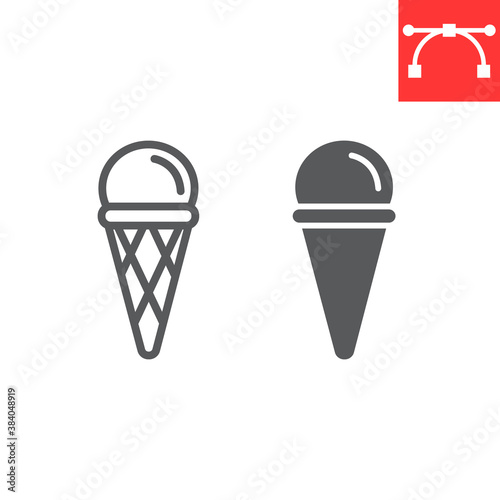 Ice cream cone line and glyph icon, dessert and delicious, ice cream in waffle cone sign vector graphics, editable stroke linear icon, eps 10.