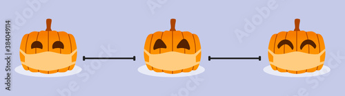Smiling Pumpkins Wearing Face Mask and Social Distancing. Safety Halloween Celebration during Coronavirus Pandemic. Semi Flat Design Cartoon Style Vector Illustration. 