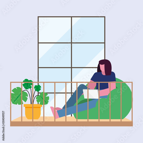 woman with laptop working on puf from home vector design