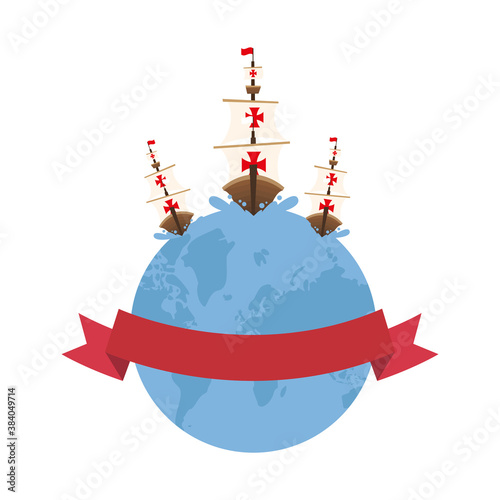 Christopher Columbus ships on world with ribbon vector design