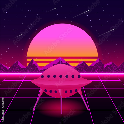 Retro background fantasy futuristic world cyber space cosmos. Digital landscape. 3d planets with holographic gradient. color is dark purple. Poster and banner 80s and 90s. flying saucer, Ufo. Vector