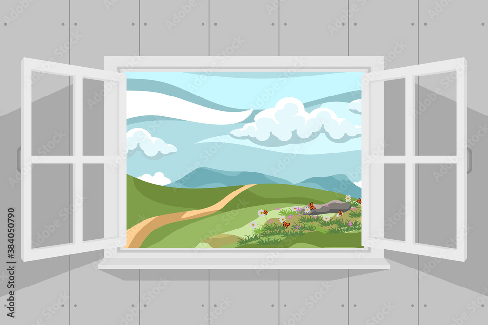 Fototapeta premium Open window with beautiful summer landscape. Vector illustration