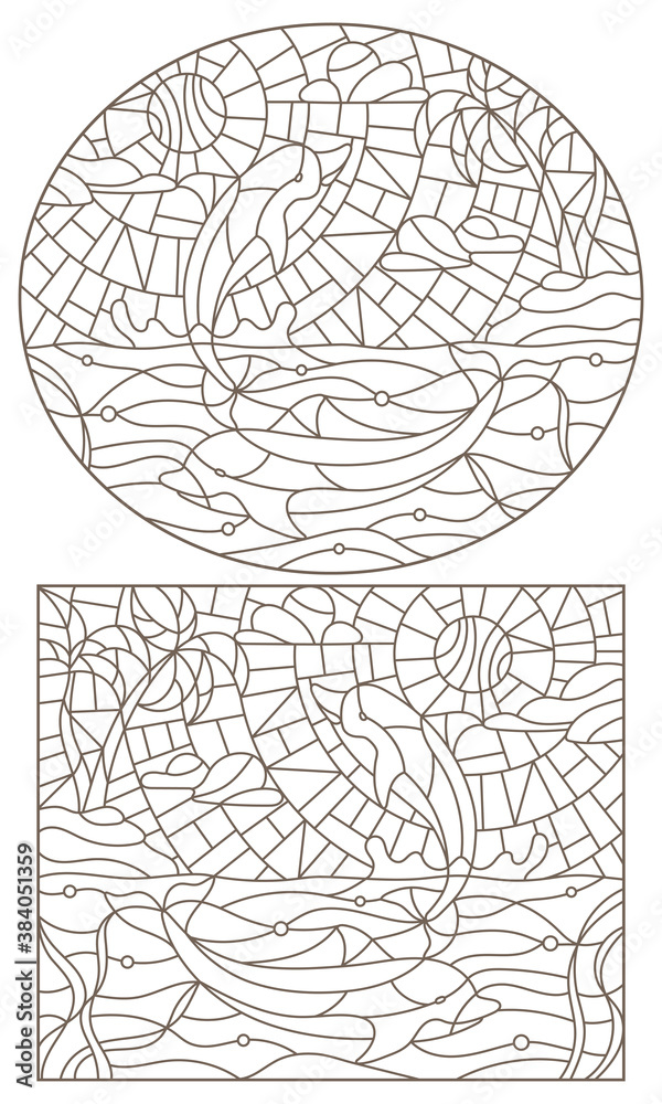 Set of contour illustrations of stained glass Windows with dolphins on the background of the sky and ocean, dark contours on a white background Set of contour illustrations of stained glass Windows with dolphins on the background of the sky and ocean, dark contours on a white background