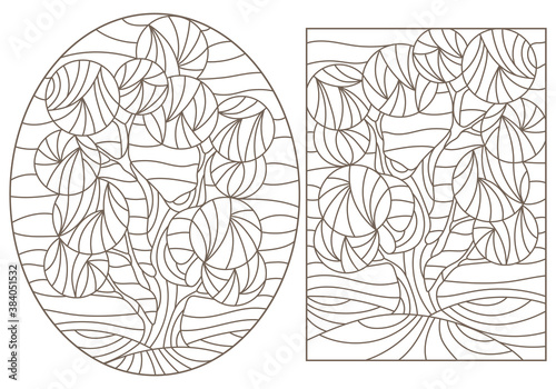 Set contour illustrations of stained glass with the image of the trees,dark outlines on a white background