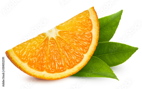 Organic orange slice isolated on white background. Taste orange with leaf. Full depth of field with clipping path