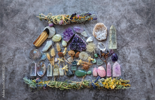 Fototapeta Naklejka Na Ścianę i Meble -  gemstones minerals for relaxation, meditation, Witchcraft Ritual, Relaxing Chakra. Esoteric and life balance concept. place for witchcraft with magic things