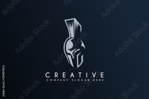 Greek Sparta / Spartan Helmet Warrior logo design vector illustration. Spartan warrior logo isolated on blue background