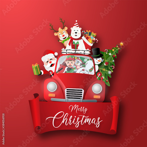 Origami Paper art of Christmas character and Christmas tree with red label  Merry Christmas and Happy New Year