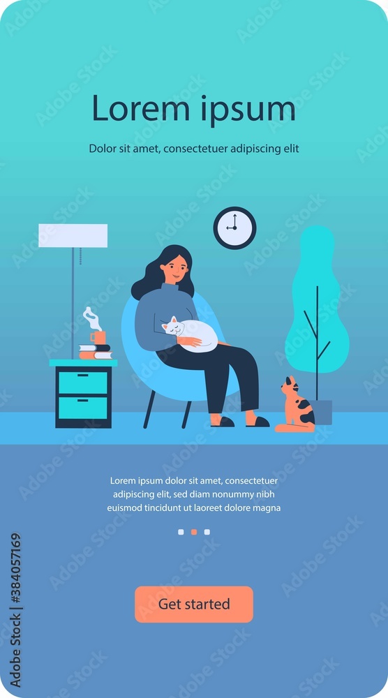 Woman with cats in cozy apartment. Happy girl relaxing in evening at home, drinking hot tea. Vector illustration for hygge, comfort, pets, house concept
