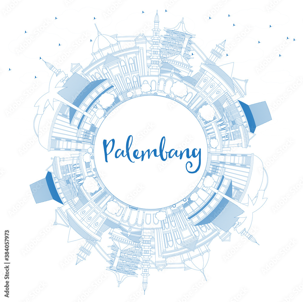 Outline Palembang Indonesia City Skyline with Blue Buildings and Copy Space.