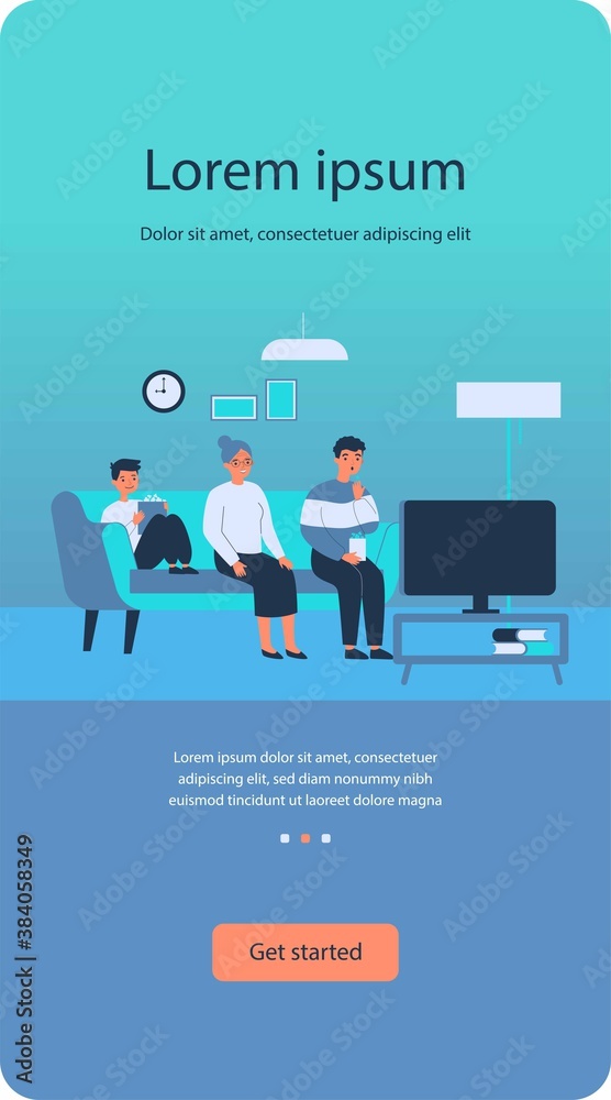 Happy family watching TV at home. Grandma, child and man sitting on couch in living room flat vector illustration. Leisure time, movie, show concept for banner, website design or landing web page - obrazy, fototapety, plakaty 