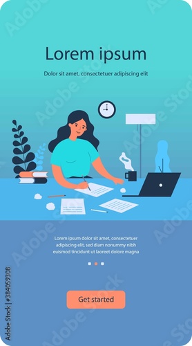 Writing job concept. Female writer writing in papers at her workplace, working at computer at home. Flat vector illustration for creative crisis, journalism, inspiration topics