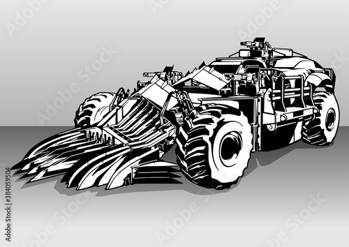 Armored Armed Post Apocalyptic Car - Black and White Illustration of an Off-road Car with Three Weapons, Vector