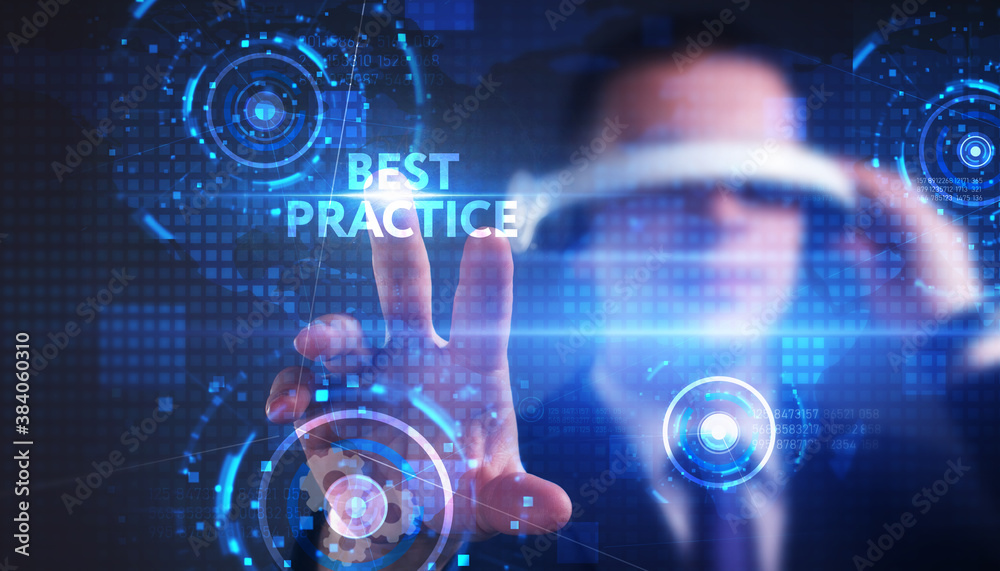 Obraz premium Business, technology, internet and network concept. Young businessman thinks over the steps for successful growth: Best practice