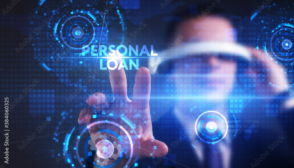 Obraz premium Business, technology, internet and network concept. Young businessman thinks over the steps for successful growth: Personal loan