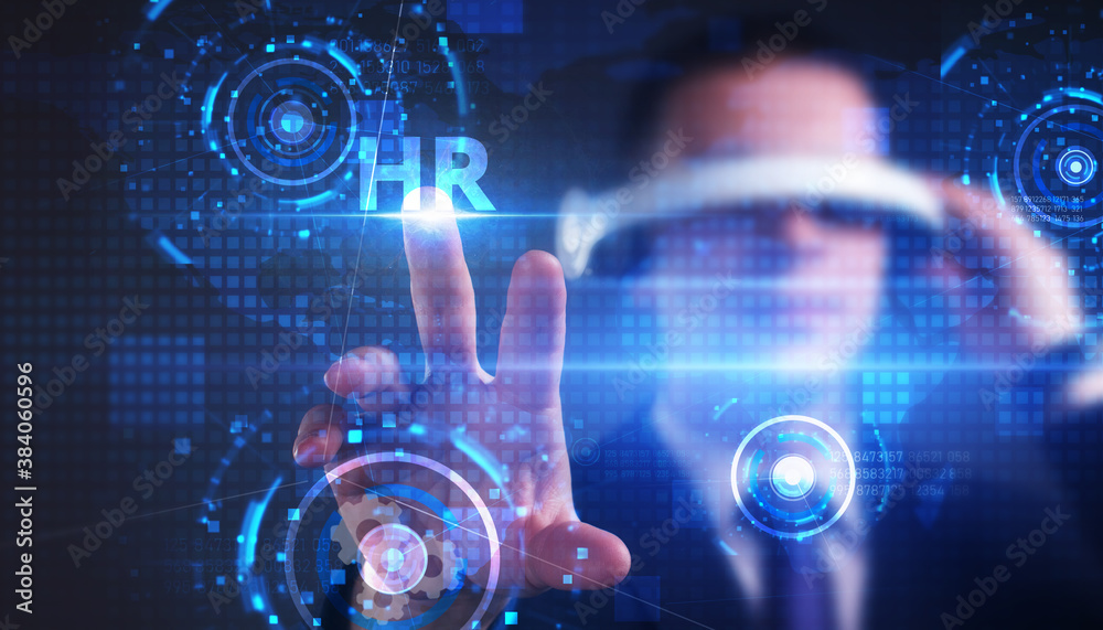 Obraz premium Business, technology, internet and network concept. Young businessman thinks over the steps for successful growth: HR