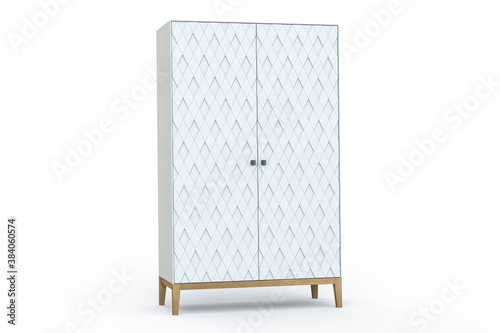 3D illustration. White modern design wardrobe with decorative 3D facade isolated on white background. Solid oak wood legs. Milled facades produced on CNC. Rhombus ornament pattern on doors.