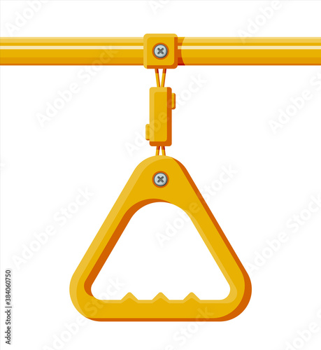 Empty triangle handrail in transport. Handles for safety transportations of passengers in bus, metro, train. Yellow handle isolated on white. Cartoon flat vector illustration