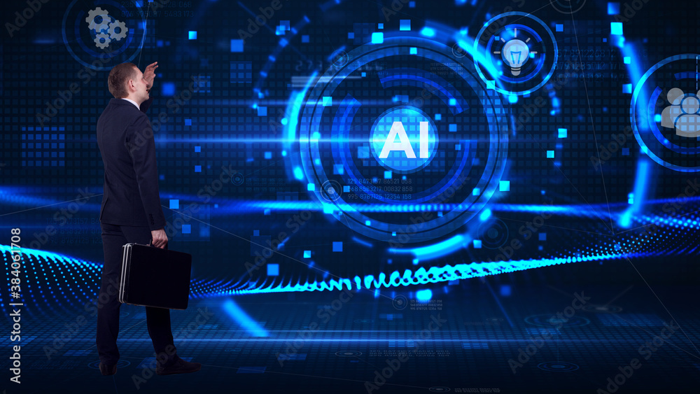 Naklejka premium Business, technology, internet and network concept. Young businessman thinks over the steps for successful growth: AI