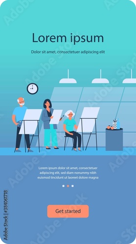 Senior people painting in art class. Still life, artist, easel flat vector illustration. Workshop and fine arts concept for banner, website design or landing web page