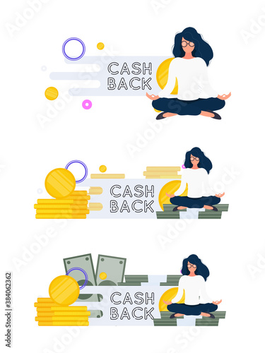 A girl in a lotus position sits on a mountain of gold coins.  Cashback lettering. Golden coins. Composition on the theme of money back and cashback. Vector.