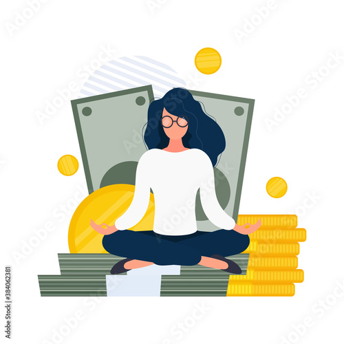 A girl in a lotus position sits on a mountain of gold coins. Dollars, gold coins. The concept of wealth, safety of money and capital. Vector.