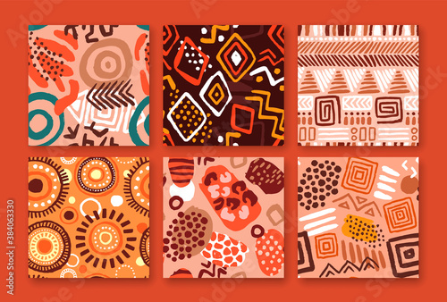 African art style seamless pattern set. Traditional hand drawn tribal background collection. Ethnic culture fashion print, textile or wrapping paper backdrop.