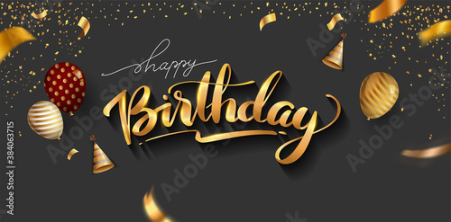 Happy Birthday typography vector design for greeting cards and poster with balloon, confetti and gift box, elegant design with gold and black color, design template for birthday celebration.