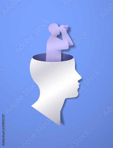 Realistic paper cut human head with man looking through binoculars inside. 3D Papercut silhouette on isolated background for personality or psychology concept. Lost person, mental health solution.