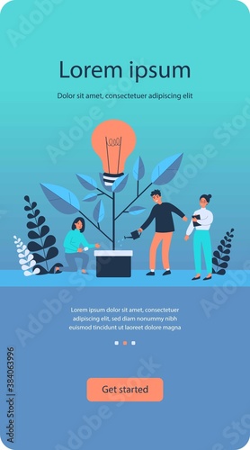 Business team watering innovation plant, growing tree with lightbulb. People having idea for eco future, environment, electricity. Flat vector illustration for teamwork, economy, climate concept